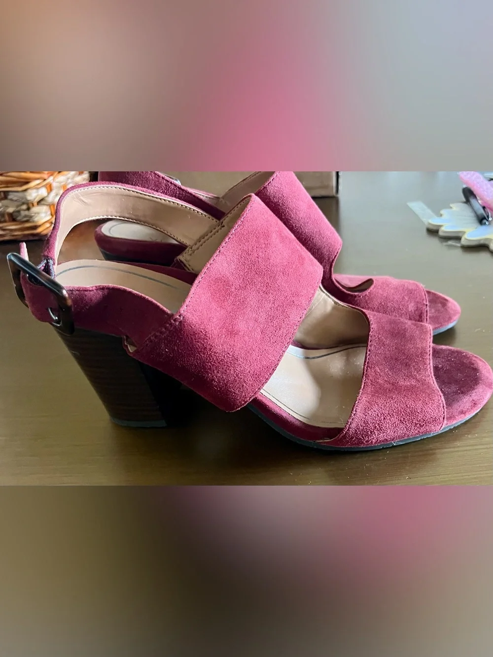 Vionic Burgundy Suede Block Heel Sandals
